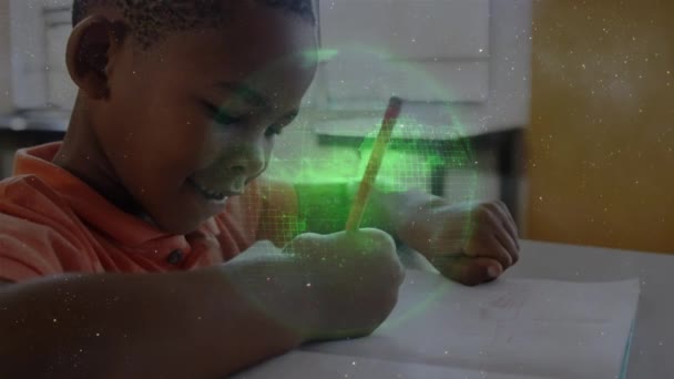 White Particles Globe Portrait African American Boy Studying Class School — Stockvideo