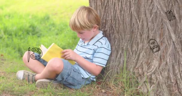 Animation School Icons Caucasian Boy Reading Read Book Day Digital — Vídeo de stock