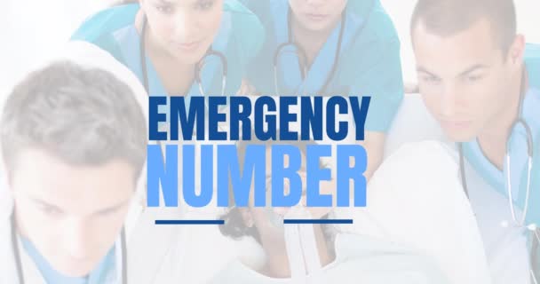 Animation Emergency Number Day Diverse Doctors Patient Emergency Number Day — Vídeo de Stock