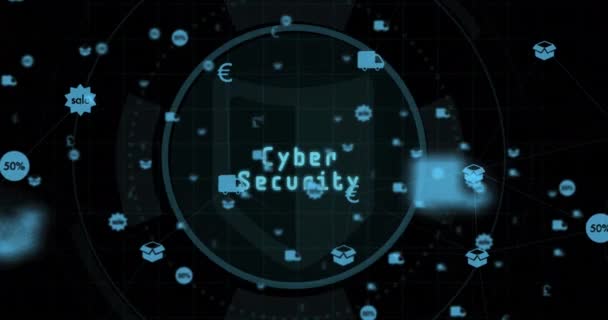 Cyber Security Text Scanner Network Digital Icons Black Background Global — Stockvideo