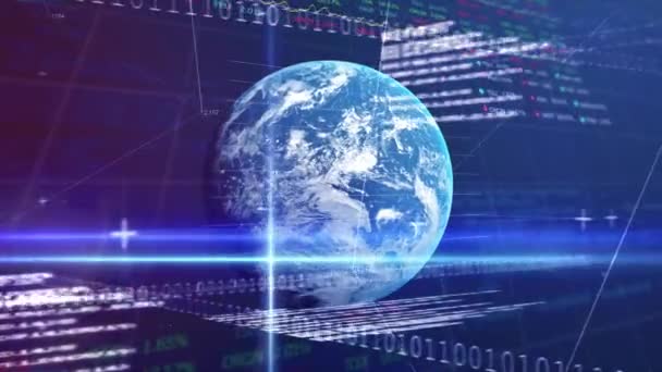 Animation Der Finanzdatenverarbeitung Und Globus Über Dunklem Hintergrund Globales Geschäft — Stockvideo