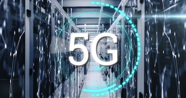 Image of 5G text written in circle on scope scanning and computer servers tech room. Fifth generation mobile telecommunication network technology interface concept digitally generated image.