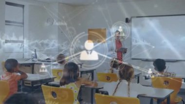 Animation of network of connections over diverse group of pupils with female teacher. education and learning concept digitally generated video.