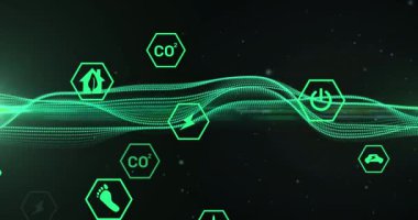 Koyu arkaplan üzerinde hareket eden yeşil dalga ve simgelerin canlandırması. Bulut hesaplama, dijital arayüz ve güvenlik konsepti dijital olarak oluşturulmuş video.