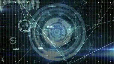 Animation of network of connections and scope scanning on black background. global technology and digital interface concept digitally generated video.