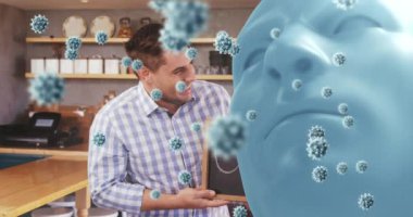 İnsan silueti ve beyaz erkek barmen üzerinde virüs hücrelerinin animasyonu. iş ve covid 19 salgın konsepti dijital olarak oluşturulmuş video.