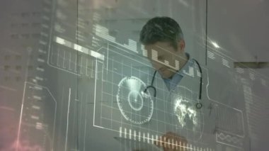 Animation of scientific data processing over caucasian male doctor using tablet. global medicine, science, research, data processing concept digitally generated video.