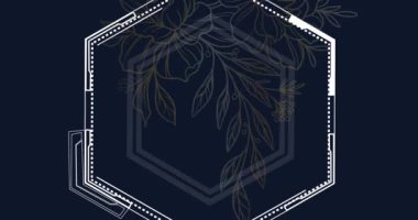 Koyu arkaplanda geometrik şekiller üzerinde çiçeklerin canlandırılması. Enerji, enerji ve yakıt teknolojisi ve dijital arayüz konsepti dijital olarak oluşturulmuş video.