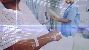 Animation of data processing over female doctor with patient. Global medicine, technology, data processing and digital interface concept digitally generated video.
