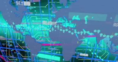 Animation of numbers, markers and data processing over grid. global digital interface and data processing concept digitally generated video.