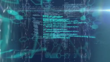 Siyah arkaplan üzerinde ışık ve veri işleme animasyonları. küresel teknoloji, veri işleme ve dijital arayüz kavramı dijital olarak oluşturulmuş video.