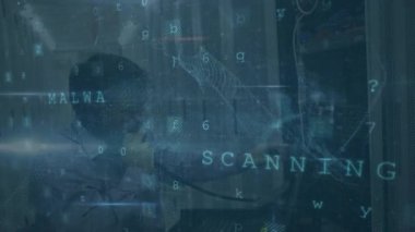 Animation of cyber attack text and data processing over caucasian male it technician by server. global online security, digital interface and data processing concept digitally generated video.