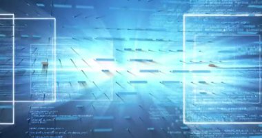 Animation of digital data processing over glowing lights. Global connections, technology and digital interface concept digitally generated video.