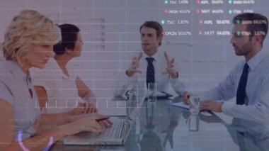 Animation of financial graphs over diverse businesspeople having meeting in office. global business, economy, finance and technology concept digitally generated video.
