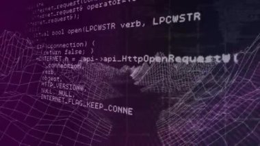 Menekşe arkaplan üzerinde veri işleme animasyonu. küresel veri işleme, teknoloji ve dijital arayüz kavramı dijital olarak oluşturulmuş video.