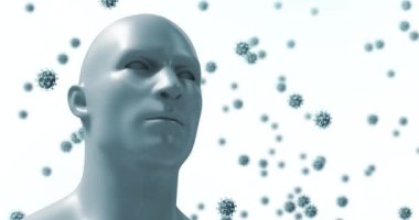 Beyaz arka planda virüs hücreleri ve insan kafasının canlandırılması. covid 19 pandemik konsept sırasında dijital olarak üretilen video sporu.