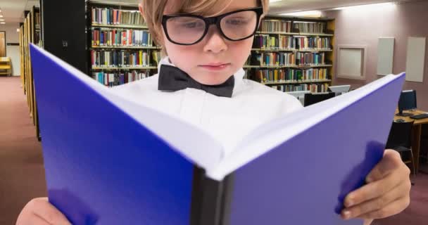 Animation Caucasian Boy Reading Book Library Εθνική Ημέρα Λάτρεις Του — Αρχείο Βίντεο