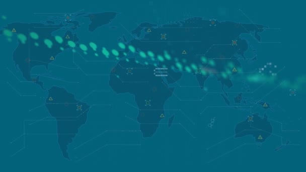 Mavi Zemin Üzerinde Dünya Haritası Üzerinde Veri Işleme Animasyonu Küresel — Stok video