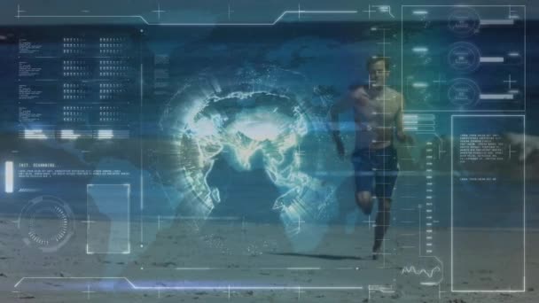 Animation Data Processing Caucasian Man Running Beach Health Fitness Digital — Stockvideo