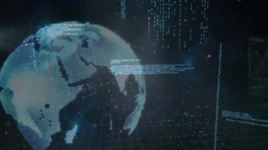 Veri işleme üzerinde dünyanın animasyonu. küresel iş ve dijital arayüz kavramı dijital olarak oluşturulmuş video.