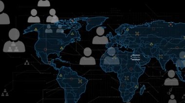 Kara arkaplan üzerinde dünya haritasıyla veri işleme animasyonu. küresel iş ve dijital arayüz kavramı dijital olarak oluşturulmuş video.