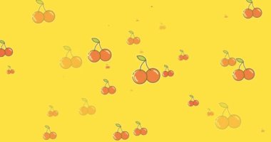 Animation of cherry icons over yellow background. Global ecology, organic and digital interface concept digitally generated video.