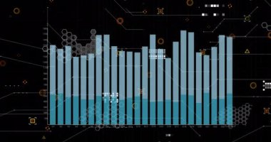 Siyah arkaplanda grafiklerin, verilerin ve simgelerin canlandırılması. Veri işleme, bilgisayarlar, dijital ekran ve teknoloji konsepti dijital olarak oluşturulmuş video.