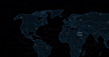 Siyah arka planda grafikler, DNA ve dünya haritası animasyonu. Veri işleme, bilgisayarlar, dijital ekran ve teknoloji konsepti dijital olarak oluşturulmuş video.