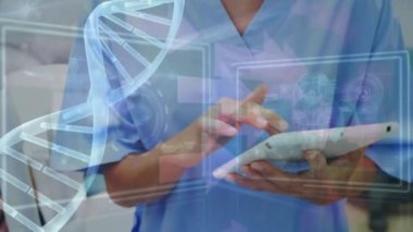 Animation of medical data processing over female dentist. global medicine, connections and technology concept digitally generated video.