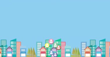 Mavi arka planda, karikatür şehir manzarası üzerinde yüzen sosyal medya simgelerinin animasyonu. Sosyal medya ve iletişim konsepti dijital olarak oluşturulmuş video.