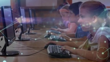 Network of connections against group of diverse students using computers at school. school, education and technology concept