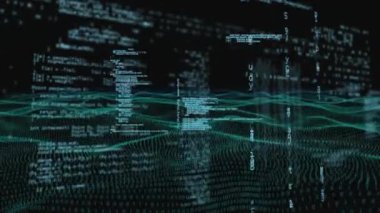 Karanlık arka planda veri işleme animasyonu. küresel bağlantılar, veri işleme ve dijital arayüz konsepti dijital olarak oluşturulmuş video.