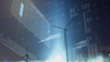 Rüzgar türbinleri üzerinde veri işleme animasyonu. küresel iş, ekoloji ve dijital arayüz kavramı dijital olarak oluşturulmuş video.