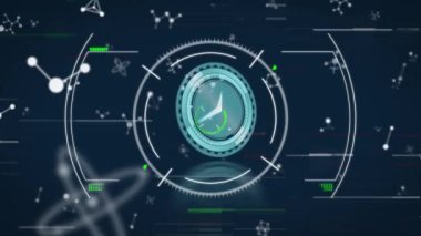 Mavi zemin üzerinde veri işleme üzerinde hareket eden saatin animasyonu. küresel iş, bağlantılar ve dijital arayüz konsepti dijital olarak oluşturulmuş video.