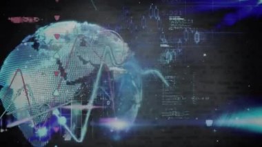Dünya üzerinde veri işleme animasyonu. küresel iş ve dijital arayüz kavramı dijital olarak oluşturulmuş video.