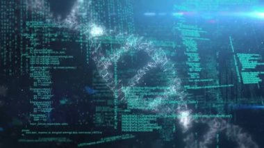 Animation of dna strand spinning and computer data processing over glowing blue background. global computing and data processing concept digitally generated video.