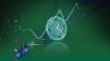 Yeşil arkaplandaki grafiklerin üzerindeki saatin animasyonu. finans, ekonomi, veri işleme ve teknoloji konsepti dijital olarak oluşturulmuş video.