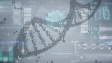 Dijital ekrandaki veriler üzerinde virüs hücresi ve DNA animasyonu. küresel covid 19 salgın, bilim ve dijital arayüz kavramı dijital olarak oluşturulmuş video.