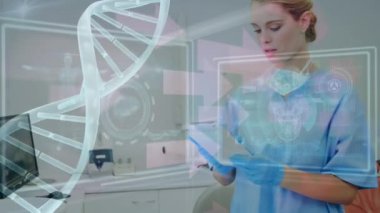Animation of medical data processing over female dentist. global medicine, connections and technology concept digitally generated video.
