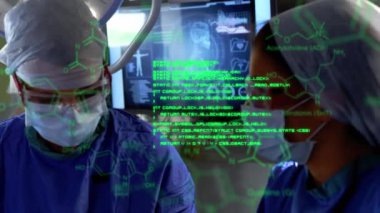 Animation of scientific data processing and chemical structures over diverse surgeons. global medicine, science and data processing concept digitally generated video.