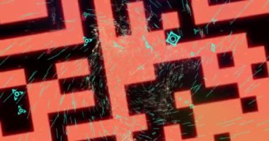 Veri işleme ve qr kodlarının siyah arkaplanda canlandırılması. Küresel iş ve dijital arayüz kavramı dijital olarak oluşturulmuş video.