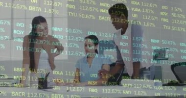 Animation of data processing over diverse business people talking in office. Global business and digital interface concept digitally generated video.