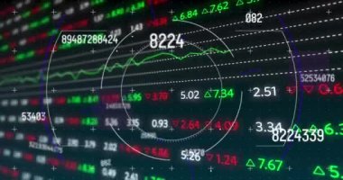 Animation of scope scanning and data processing over stock market. global connections, computing and digital interface concept digitally generated video.