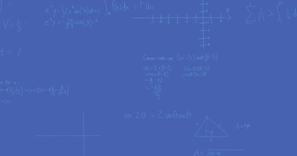 蓝色背景下数学方程的动画化 全球科学和数字接口概念数字生成视频 — 图库视频影像