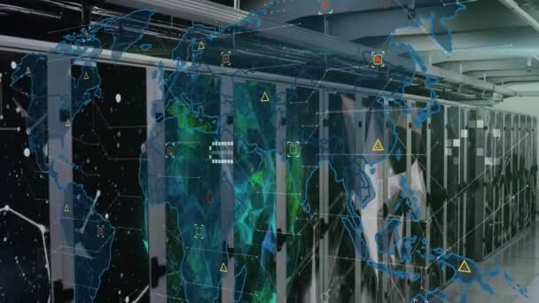 Animation World Map Server Room Global Technology Digital Interface Concept — Vídeos de Stock