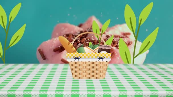 Sepetin Üzerinde Yiyecek Kekle Birlikte Yaprak Animasyonu Beyaz Yüzeye Düşen — Stok video