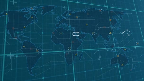 Animação Processamento Dados Mapa Mundo Sobre Fundo Azul Ciência Global — Vídeo de Stock