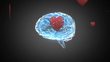 Kalp ikonlarının beyin üzerinde canlandırılması. Küresel iş ve dijital arayüz kavramı dijital olarak oluşturulmuş video.