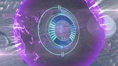 Mor küre ve masa üzerinde işlem çemberinin animasyonu. küresel ağ, bağlantılar, veri ve teknoloji konsepti dijital olarak oluşturulmuş video.