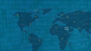 Mavi zemin üzerinde dünya haritası üzerinde veri işleme animasyonu. küresel teknoloji, bilgisayar ve dijital arayüz kavramı dijital olarak oluşturulmuş video.
